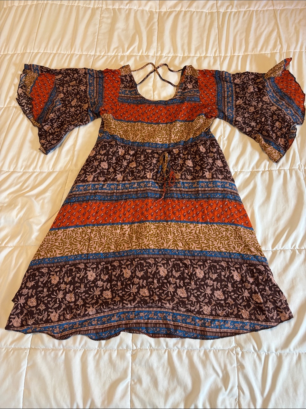 JODIFL Rust & Blue Boho Midi Dress with Bell Sleeves